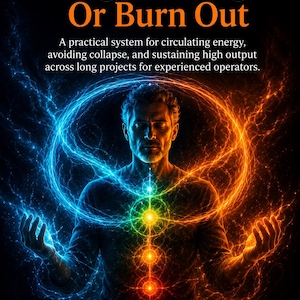 May include: A book cover titled Keep Your Energy Flowing—Or Burn Out by Rhyan Hyroc. It features a person with eyes closed, surrounded by a glowing blue and orange energy field, with a vertical alignment of four radiant chakra-like light points.