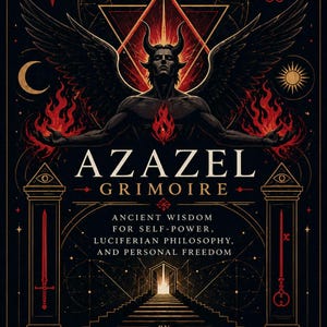 May include: A book cover with a dark, mystical design. It features a central figure with horns and wings, surrounded by flames and geometric shapes. The title "AZAZEL GRIMOIRE" is prominently displayed, along with text about ancient wisdom and self-power.