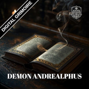 May include: An open book with gold-colored trim and ornate detailing, with the text "DEMON ANDREALPHUS" at the bottom. The words "DIGITAL GRIMOIRE" are in a diagonal banner. Smoke rises from the book, and a candle burns in the background.