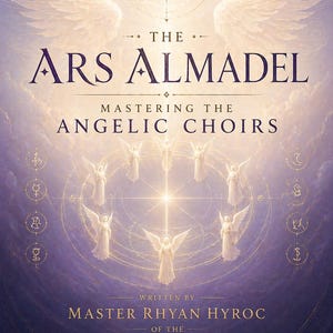 May include: Book cover with the title "ARS ALMADEL" in large, elegant font. The image features a celestial design with angels, a central light source, and the text "MASTERING THE ANGELIC CHOIRS". Written by Master Rhyan Hyroc.