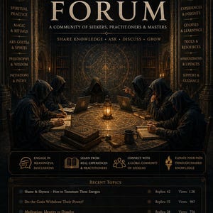 May include: A dark, atmospheric poster for Terra Incognita Academy Forum featuring six hooded figures seated around a circular table with a central lantern, laptops, and books. The text includes categories like Spiritual Practice and Recent Topics.