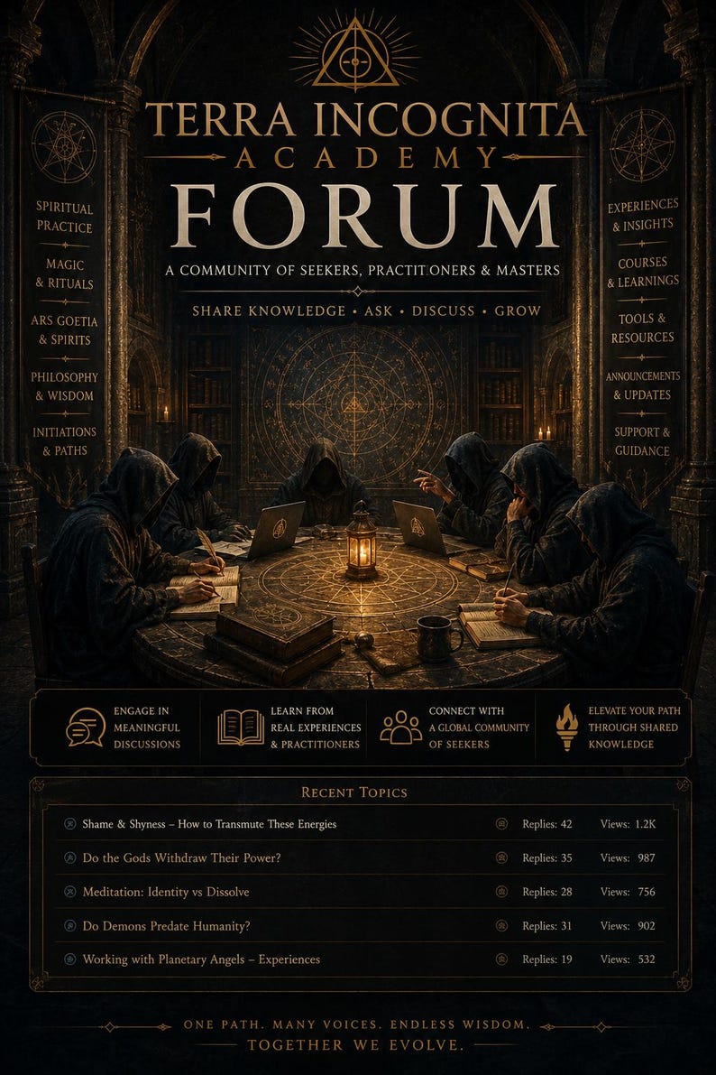 May include: A dark, atmospheric poster for Terra Incognita Academy Forum featuring six hooded figures seated around a circular table with a central lantern, laptops, and books. The text includes categories like Spiritual Practice and Recent Topics.