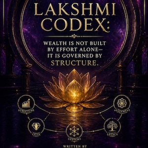 以下が含まれることがあります： 「The Lakshmi Codex」の表紙のデジタルイラスト。 金色の蓮の花、シンボル、テキストが紫と金の背景に描かれています。 テキストにはタイトル、著者、富についての引用が含まれています。
