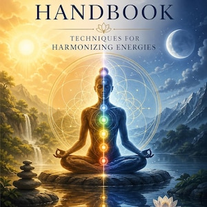 Puede incluir: Una portada de libro titulada The Balance Handbook: Techniques for Harmonizing Energies por Rhyan Hyroc. Muestra a una persona meditando sobre una roca en el agua, con un paisaje soleado a la izquierda y una escena de montaña iluminada por la luna a la derecha.