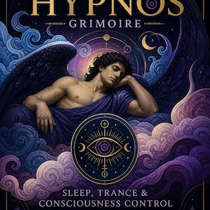 May include: A book cover titled GREEK GOD HYPNOS GRIMOIRE, SLEEP, TRANCE & CONSCIOUSNESS CONTROL by Master Teacher Rhyan Hyroc. It features a sleeping figure with dark wings, purple clouds, and a central eye symbol on a dark blue background.