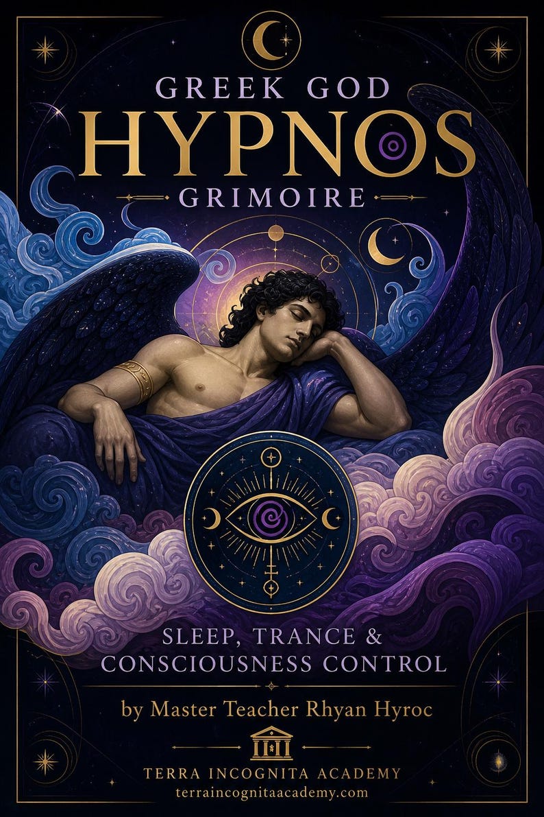 May include: A book cover titled GREEK GOD HYPNOS GRIMOIRE, featuring a sleeping figure with dark wings, purple and blue swirling clouds, a central eye symbol, and the text SLEEP, TRANCE & CONSCIOUSNESS CONTROL by Master Teacher Rhyan Hyroc.