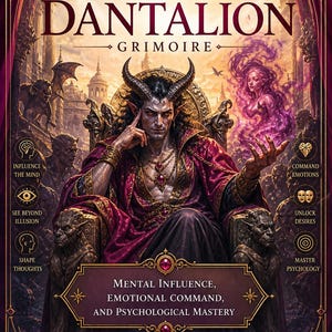 Può includere: Una copertina di libro intitolata Demon Dantalion Grimoire di Master Teacher Rhyan Hyroc. Raffigura una figura cornuta su un trono, circondata da gargoyle e uno spirito etereo viola. Il testo include Mental Influence, Emotional Command, and Psychological Mastery.