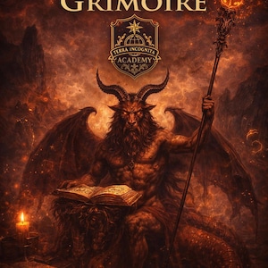 May include: Digital artwork of a demonic figure with horns, wings, and a staff, holding an open book. The image is dominated by shades of red and orange, with the text "BATHIN GRIMOIRE" at the top and "TERRA INCOGNITA ACADEMY" on a crest.