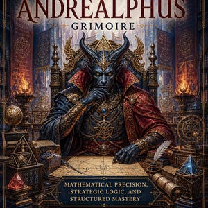 May include: A book cover titled Demon Andrealphus Grimoire by Master Teacher Rhyan Hyroc. It features a dark-skinned, horned figure in ornate red and gold robes sitting on a throne, studying a geometric map on a desk with various occult instruments.