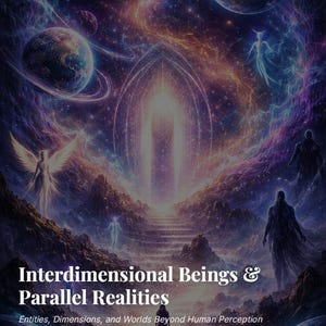 Op de afbeelding: Een digitale kunstillustratie met een kosmische scène met planeten, nevels en etherische figuren. De tekst luidt "Interdimensional Beings & Parallel Realities" met de slogan "Entities, Dimensions, and Worlds Beyond Human Perception."