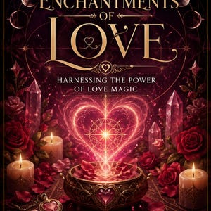 Könnte beinhalten: Buchcover mit dem Titel "Enchantments of Love" in goldener Schrift. Das Bild zeigt ein leuchtendes Herz, Rosen, Kerzen, Kristalle und eine dekorative Schale. Der Name des Autors, Rhyan Hyroc, ist ebenfalls abgebildet.