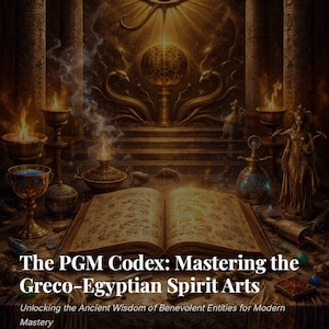 Puede incluir: Un libro abierto con el título "The PGM Codex: Mastering the Greco-Egyptian Spirit Arts" descansa sobre una mesa. La imagen presenta un símbolo de ojo, pilares y objetos dorados, evocando un tema místico. El texto dice "Unlocking the Ancient Wisdom..."