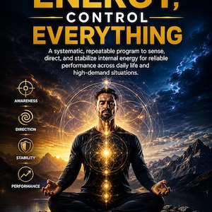 Könnte beinhalten: Ein Plakat mit dem Titel CONTROL ENERGY, CONTROL EVERYTHING, das eine meditierende Person in sitzender Position zeigt. Das Bild enthält leuchtende geometrische Muster und vier kreisförmige Symbole mit den Bezeichnungen AWARENESS, DIRECTION, STABILITY und PERFORMANCE.