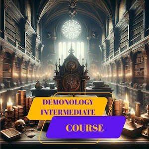 Könnte beinhalten: Ein detaillierter Innenraum einer gotischen Bibliothek mit hohen Bücherregalen und einem großen Bogenfenster. Das Bild zeigt einen thronartigen Stuhl, Kerzen, Bücher und den Text "Demonology Intermediate Course" auf einem gelb-violetten Banner.