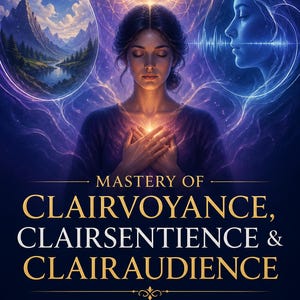 May include: A book cover titled Mastery of Clairvoyance, Clairsentience & Clairaudience by Rhyan Hyroc, Master of Terra Incognita Academy. It features a central figure with eyes closed, hands on chest, an eye above, and circular scenes of mountains and a profile.