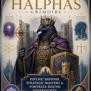 May include: A book cover titled Demon Halphas Grimoire featuring a central figure with a raven head wearing a gold crown and purple robes, holding a staff and shield. The design includes text, circular illustrations of a brain and chess pieces.
