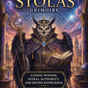 Può includere: Illustrazione digitale di una copertina di libro intitolata "Demon Stolas Grimoire". Presenta una figura simile a un gufo in una veste, che tiene un bastone e un libro. Lo sfondo mostra una scena celeste con il testo: "Cosmic Wisdom, Astral Authority, and Divine Knowledge."