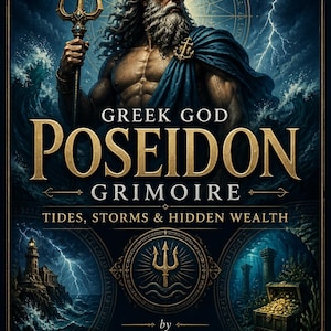 May include: A book cover titled Greek God Poseidon Grimoire: Tides, Storms & Hidden Wealth by Master Teacher Rhyan Hyroc. It features a bearded figure holding a trident, a lighthouse in a storm, and a treasure chest, all in gold and dark blue.