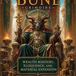 Puede incluir: Una portada de libro titulada Demon Bune Grimoire con una figura cornuda con cabeza de toro vestida con túnicas verdes y doradas sentada en un trono. El texto dice Wealth Mastery, Eloquence, and Material Expansion por Master Teacher Rhyan Hyroc, Terra Incognita Academy.