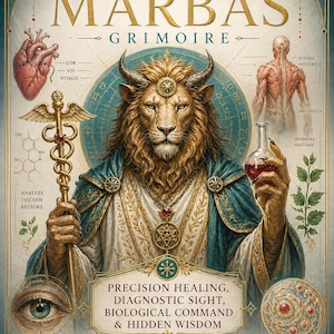 May include: A poster titled Demon Marbas Grimoire featuring a lion-headed figure in blue and gold robes holding a staff and a flask. The design includes anatomical illustrations, chemical structures, and text: Precision Healing, Diagnostic Sight, Biological Command & Hidden Wisdom by Master Teacher Rhyan Hyroc, Terra Incognita Academy.
