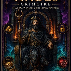 Puede incluir: Una portada de libro titulada GREEK GOD HADES GRIMOIRE SHADOW, WEALTH & BOUNDARY MASTERY. Muestra a una figura barbuda con corona y túnicas oscuras sentada en un trono con un perro de tres cabezas, sosteniendo un tridente, rodeada de iconos.