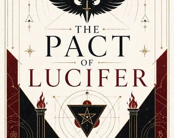 May include: A book cover titled The Pact of Lucifer written by Rhyan Hyroc, Master to the Terra Incognita Academy. The design features a black winged figure, a central pentagram within a triangle, two pillars with flames, and various occult symbols.