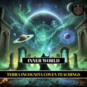 May include: Digital art depicting a cosmic scene with planets, swirling nebulae, and a robed figure holding a staff. The image features the text "INNER WORLD" and "TERRA INCOGNITA COVEN TEACHINGS". The color palette includes shades of blue, green, and gold.