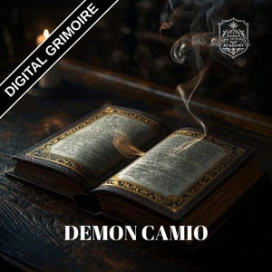 May include: An open book with gold-edged pages and ornate detailing, with the text "DEMON CAMIO" at the bottom. The words "DIGITAL GRIMOIRE" are in the upper left corner. Smoke rises from the book, and a candle burns in the background.