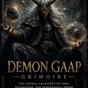 Puede incluir: Una portada de libro titulada DEMON GAAP GRIMOIRE THE ASTRAL ARCHITECT OF TIME, POSSESSION, AND DIMENSIONAL POWER por RHYAN HYROC. Muestra una figura cornuda de pelo blanco con túnicas oscuras sosteniendo orbes brillantes sobre un fondo cósmico.