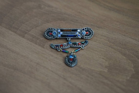 Tiered Design Pewter and Beaded Art Deco Brooch, … - image 1