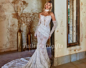Sparkling Lace Corset Mermaid Sleeve Wedding Gown - Elegant Bridal Dress ,Bohemian Floral Lace Bridal Gown ,Custom Wedding Dress For Bride