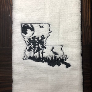 Embroider hand towel, Louisiana swamp scene, home decor, gift. Kitchen, bath