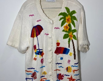 Vintage Victoria Harbour beachy tropical palm tree short sleeve cardigan sweater 80s 90s