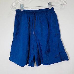 Vintage Nike Running Shorts 90s Nylon Swishy Baggies Medium Spellout navy blue