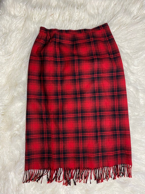 Vintage Red Plaid Tartan Fringe MIDI Skirt Holida… - image 1