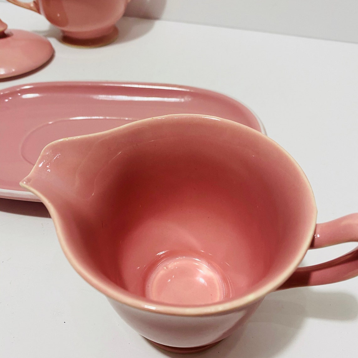 Vintage Pink Ceramic Sugar and Creamer Bowl Set With Tray Etsy