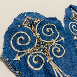 Two Embroidered Bedazzled denim Cut Outs For Patches Upcycling Crafts