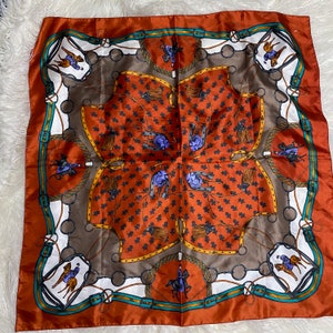 Vintage Polyester J Signed Horse Equestrian Hand Rolled Scarf 34”