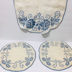 Vintage Cross Stitched Small Table Runner and Doily Set Handmade Linens