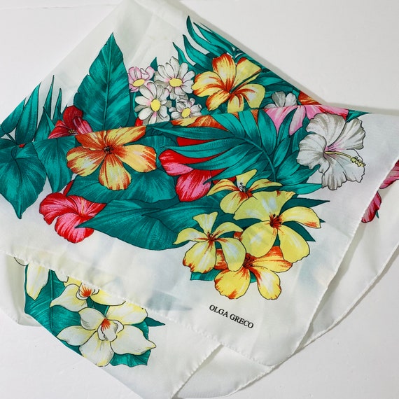 Vintage 80s 90s Olga Greco tropical Head Scarf Fu… - image 1