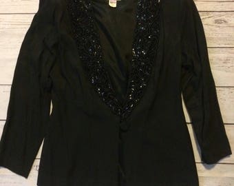 Vintage Rayon Black Beaded Sequin Blazer Jacket 90s Womens size 8