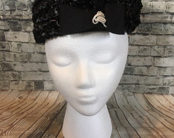 Vintage Union Made Woven Basket Weave Veil Pillbox Hat Black 