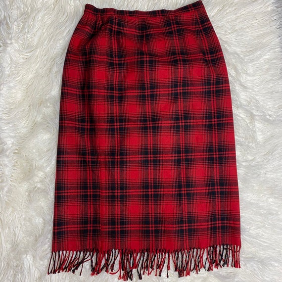 Vintage Red Plaid Tartan Fringe MIDI Skirt Holida… - image 6