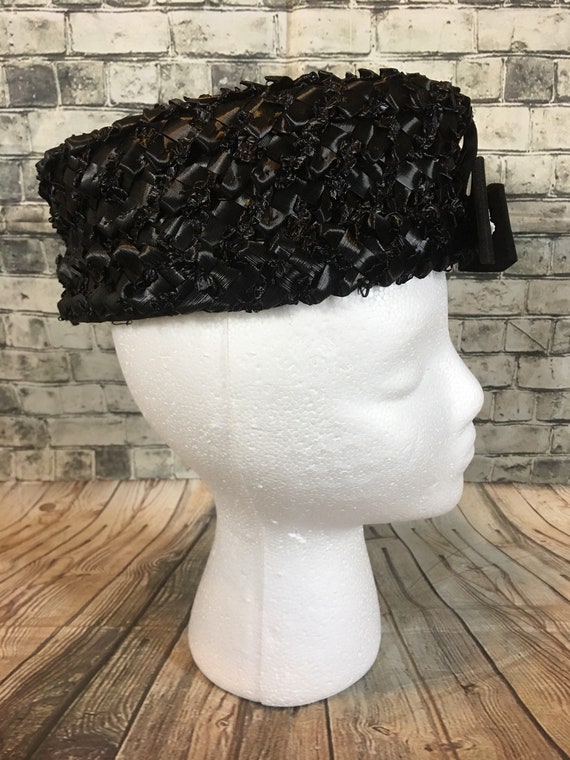 Vintage Black Basket Weave Pillbox hat Womens Lin… - image 2