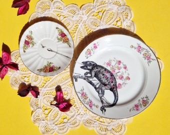 Chameleon on Vintage Mismatched Small Plates