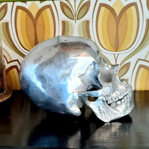 May include: A silver skull sculpture with a smooth, shiny finish. The skull is positioned on a dark surface with a patterned background.