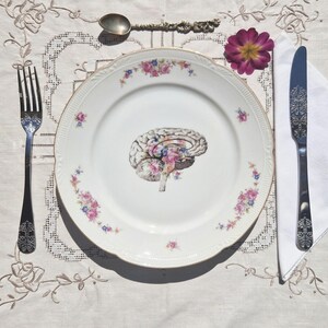 Könnte beinhalten: Ein weißer Porzellanteller mit Blumenmuster und einer detaillierten anatomischen Illustration eines menschlichen Gehirns in der Mitte. Der Teller ist auf einer weißen Tischdecke mit zarter Stickerei platziert.