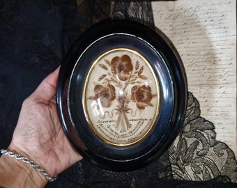 Big Antique French Hair Work in Frame with Curved Glass