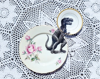 T-Rex Dinosaur Set Mismatch Vintage Small Plates