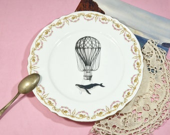 Whale on Hot Air Baloon Vintage Dessert Plate